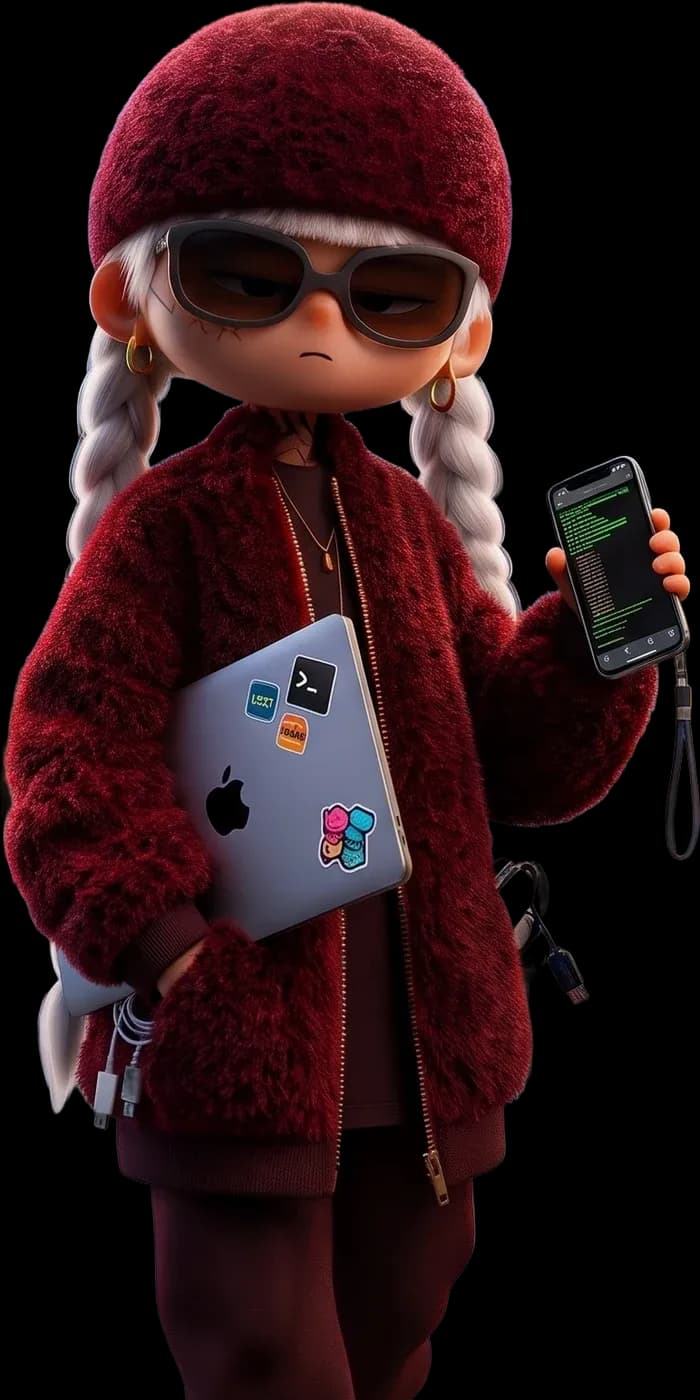 AOCO mascot: a 3D character with silver braids, a burgundy beanie, sunglasses and a red fleece jacket, holding a laptop and a phone showing code