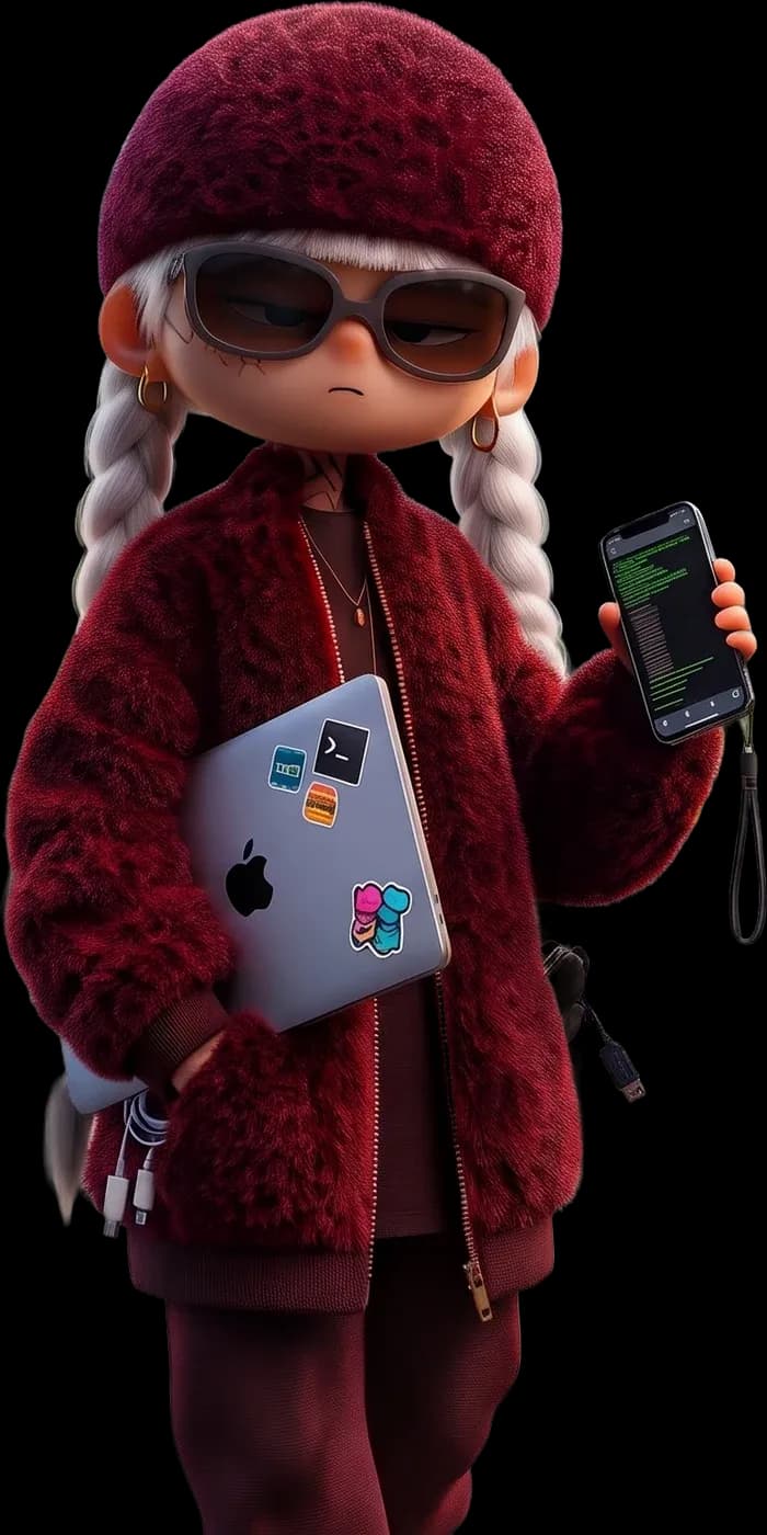 AOCO mascot: a 3D character with silver braids, a burgundy beanie, sunglasses and a red fleece jacket, holding a laptop and a phone showing code